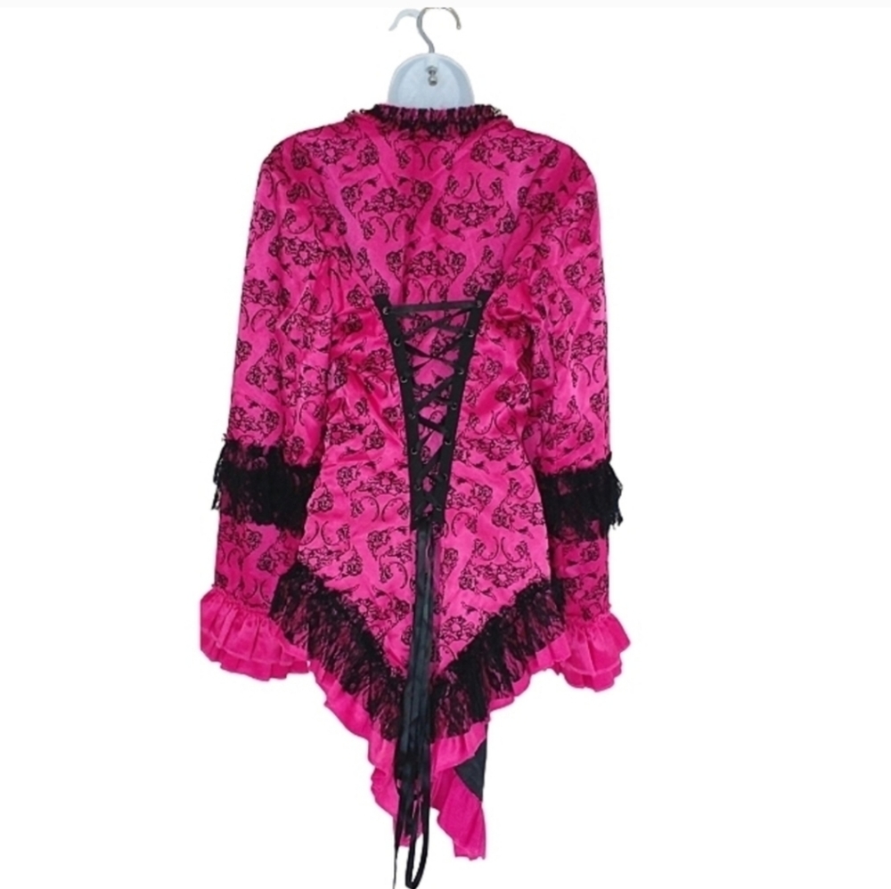 Vintage merry pink black goth skull satin victorian ruffle punk corset jacket XL